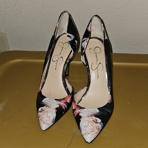 Jessica Simpson Black and Pink Floral Heels